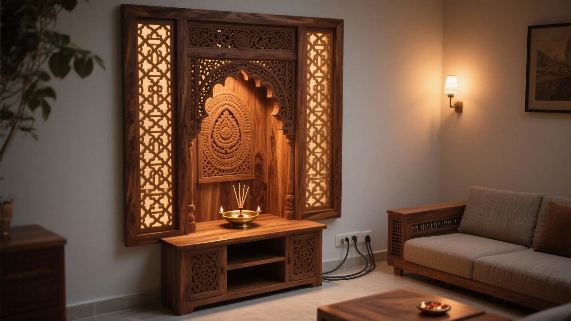 Carved wood home shrine with warm lights next to a grey sofa and wall light