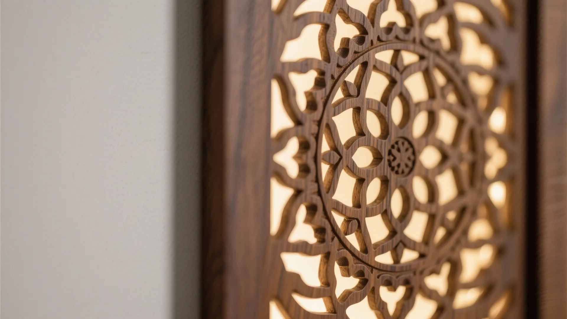 Close up of wooden wall panel with circular geometric pattern design and soft warm lighting