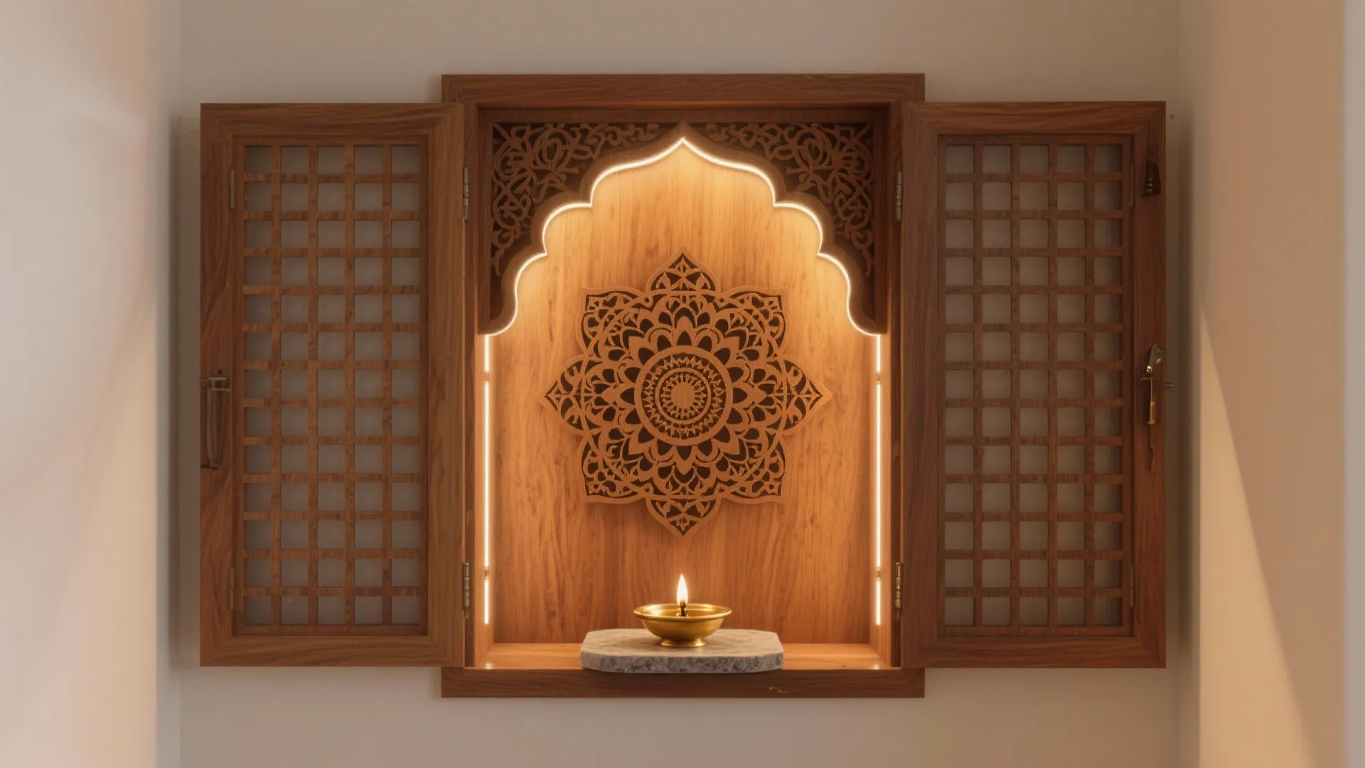 Minimalist Teak Jali with Backlit Mandala