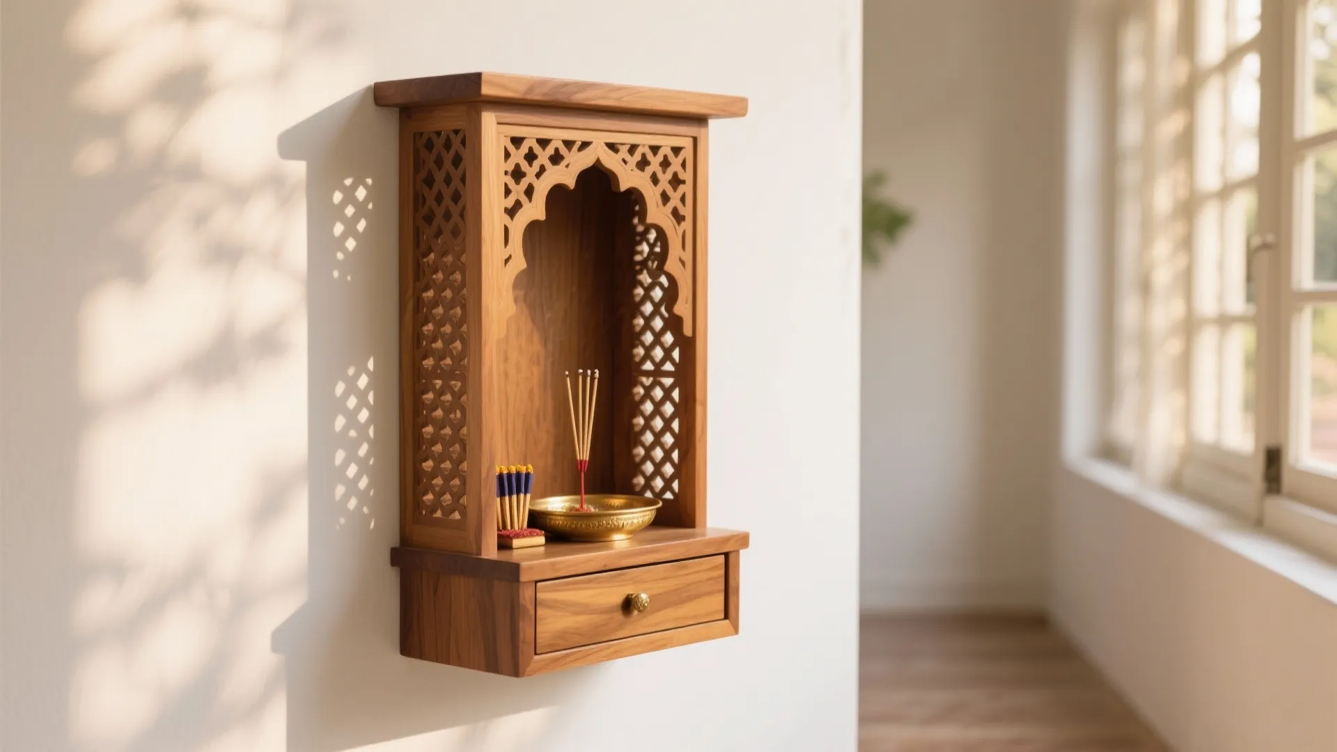 Teak Jali Wall-Mounted Mandir