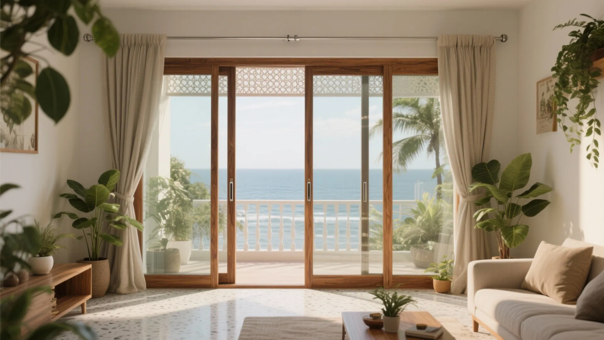 Teak-and-Glass Sliders with Jali Accent Panels