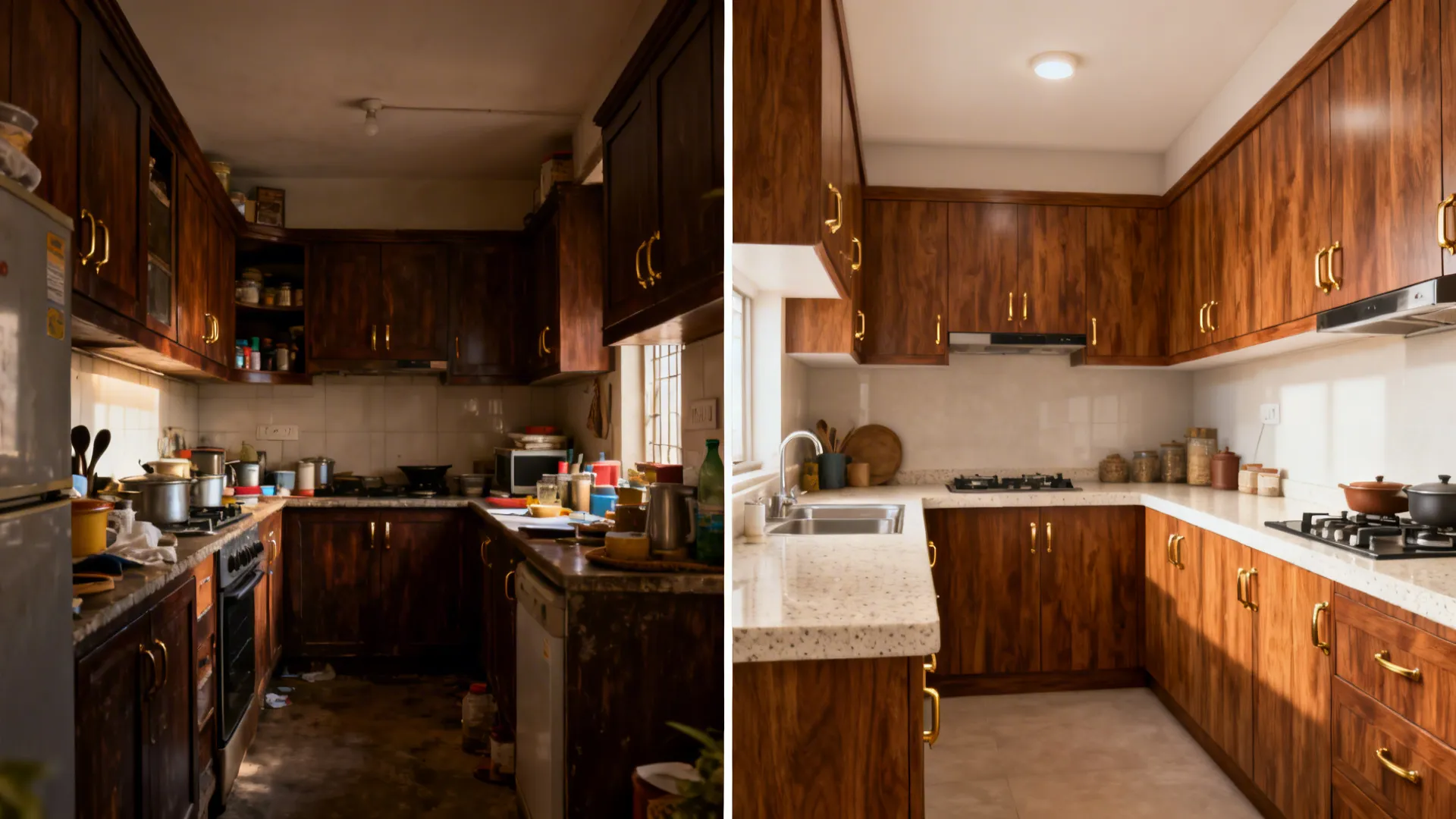 Before-and-after compact Kerala kitchen showing shift to teak-toned cabinets, brass hardware, and a brighter L-shaped layout.