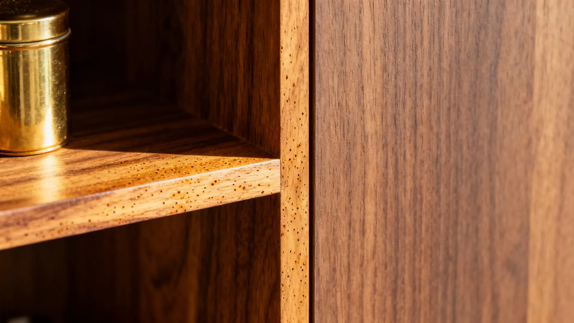 Macro of sealed teak niche meeting matte walnut laminate shutter with crisp edges.