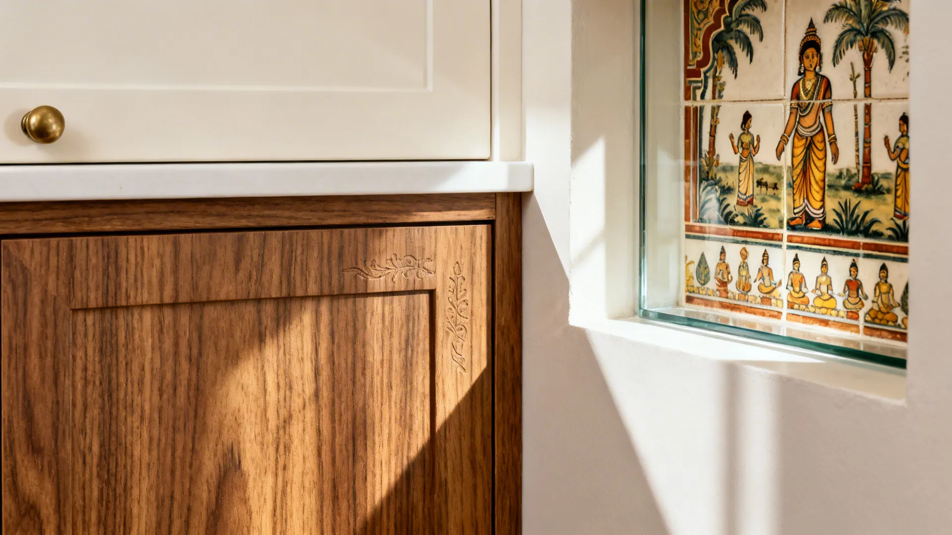 Close-up of teak-look laminate cabinet with a Kerala mural niche framed in glass and brass details.