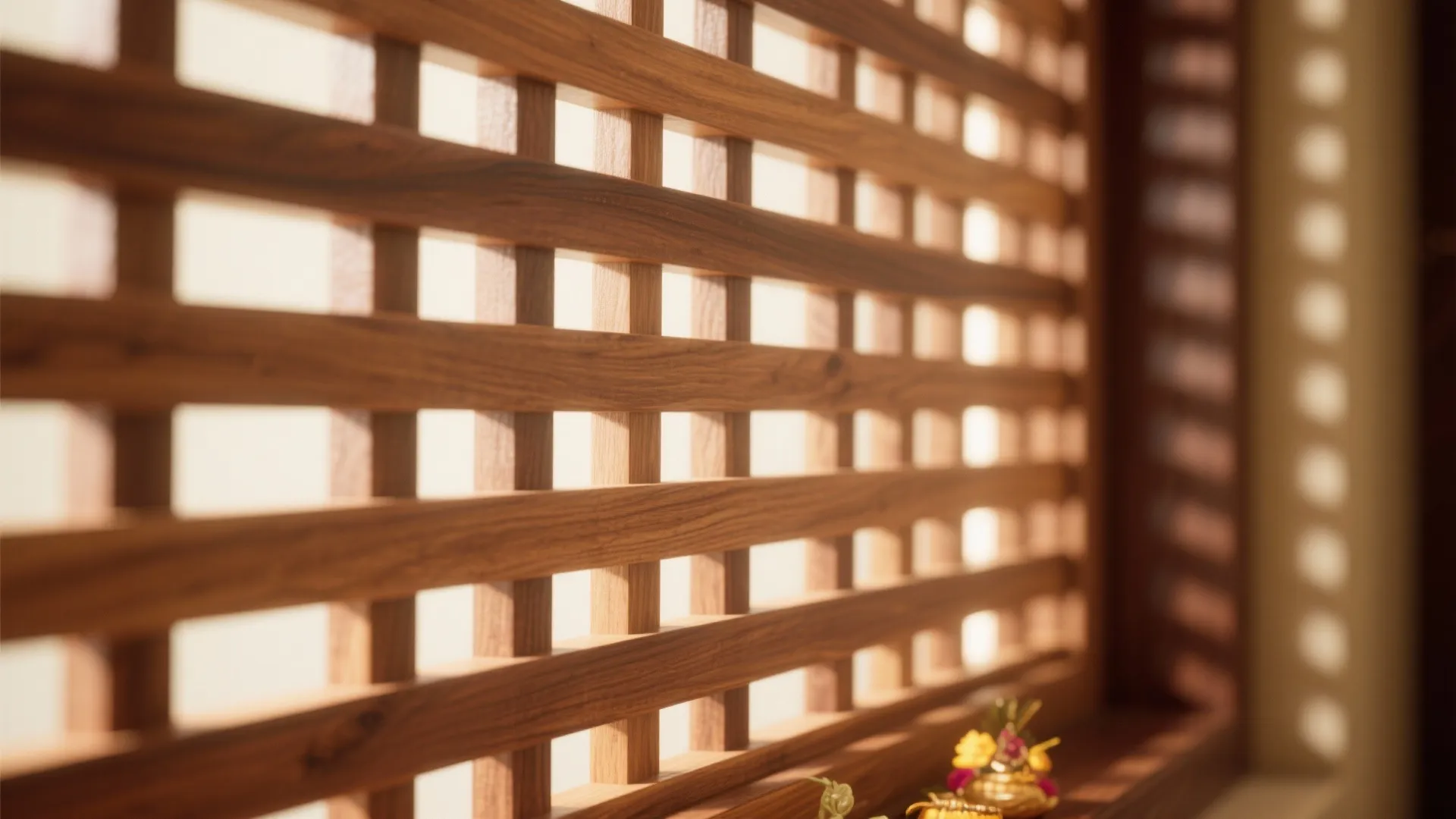 Macro of teak lattice slats with precise spacing and soft backlighting for a pooja front.