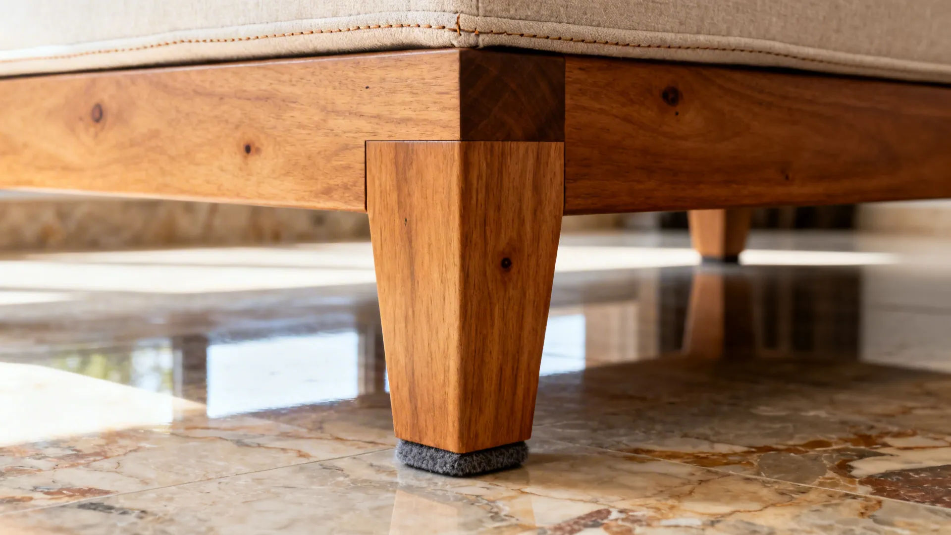 Macro of teak leg and upholstery seam on a low-profile L-shaped sofa with felt pad.