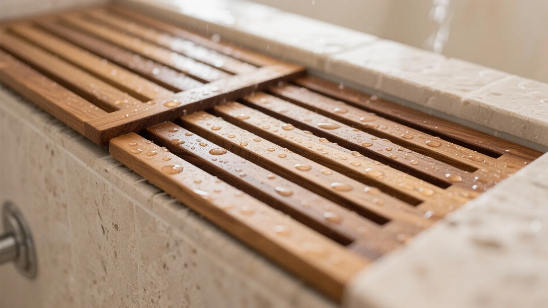 Close up of a wooden shower floor drain with water drops on the wood surface