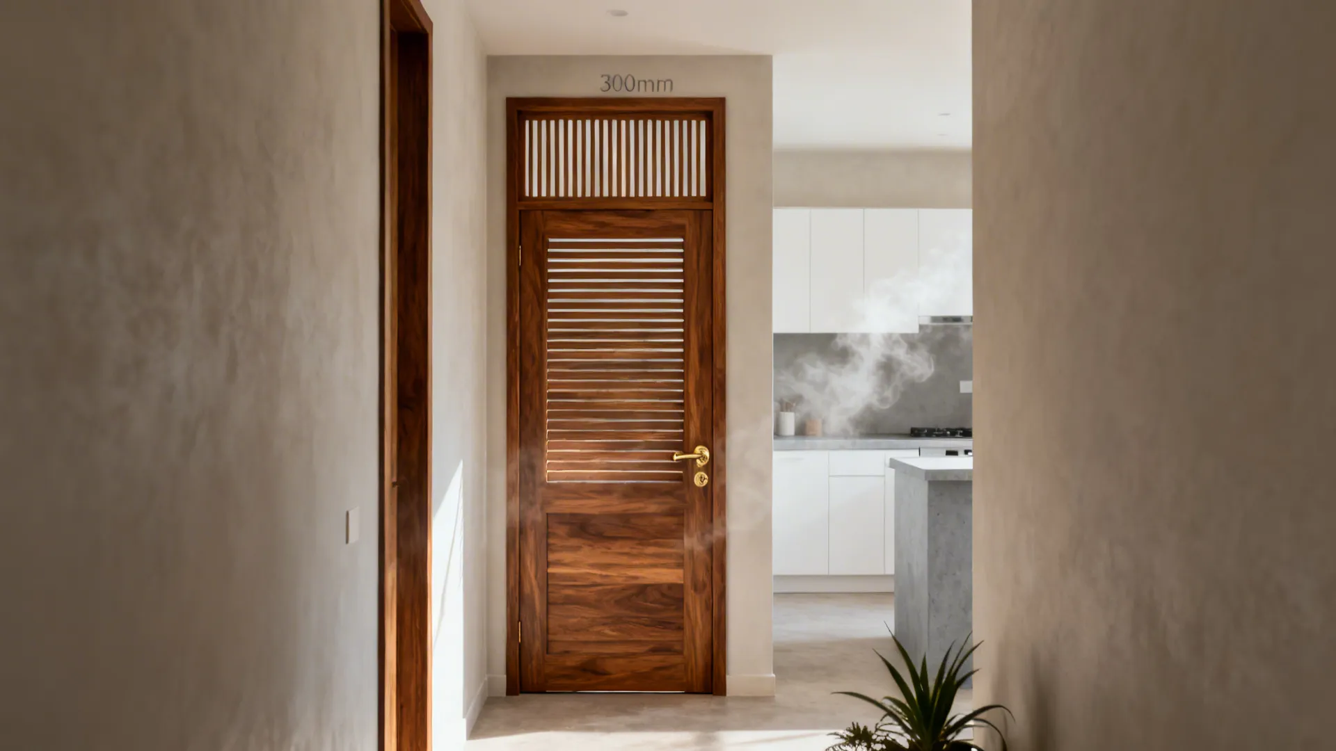 Slim-frame teak kitchen door with a louvered top panel in a bright Kerala corridor.