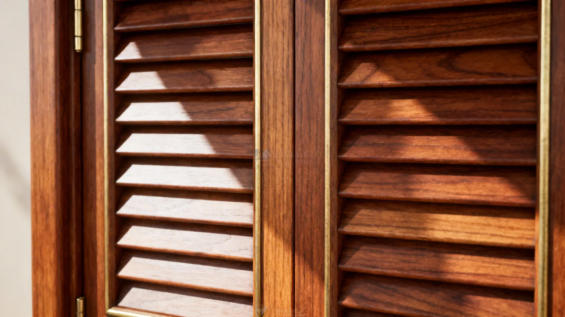 Macro of quarter-sawn teak door frame and louvered panel with low-sheen finish.