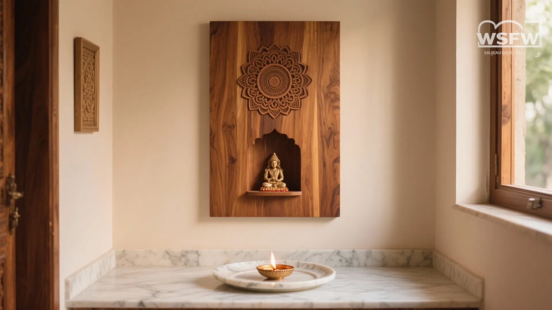 Teak pooja wall with shallow mandala carving, central alcove, warm neutrals, soft daylight.
