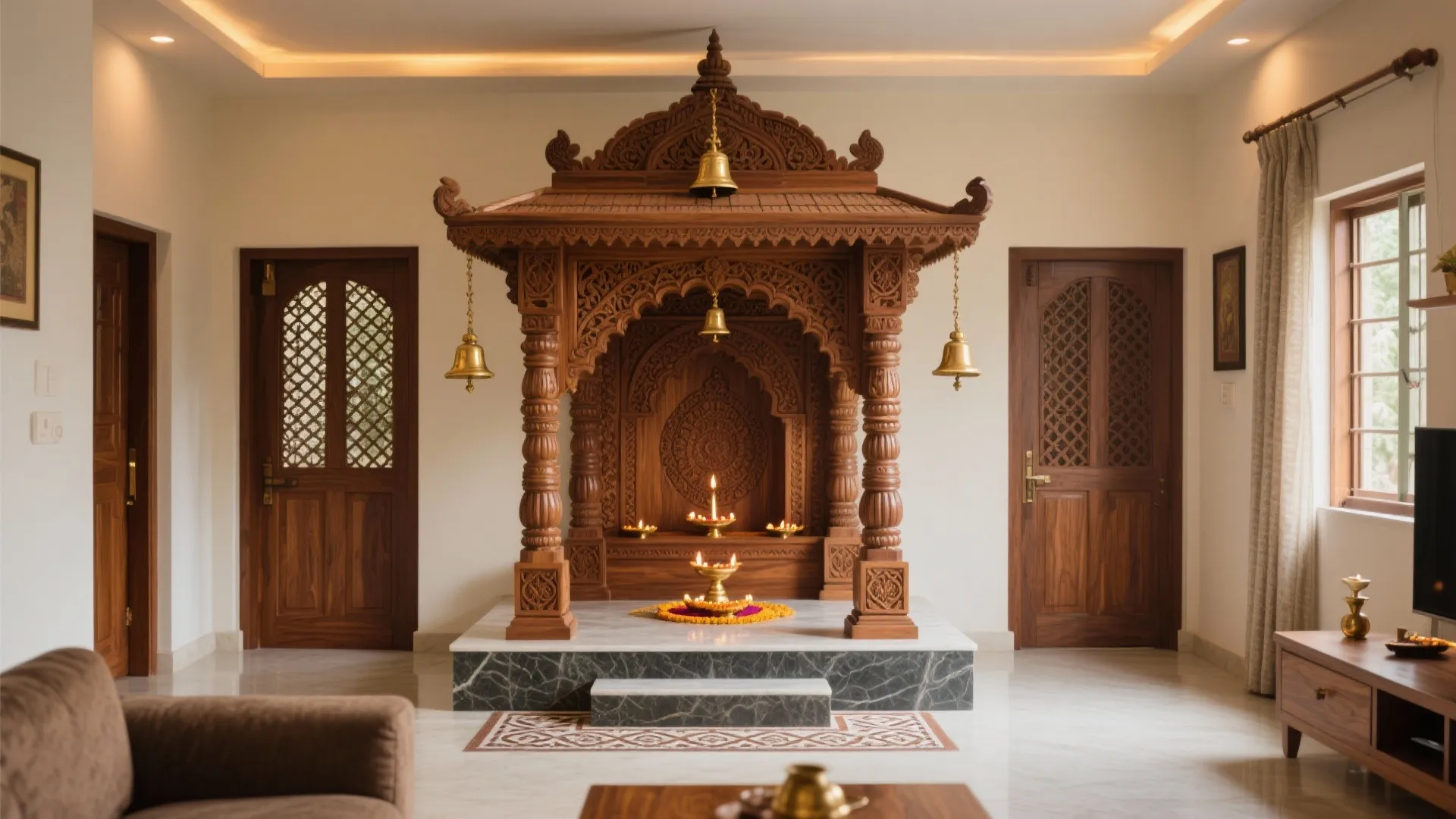 Carved Teak Mandap With Brass Accents