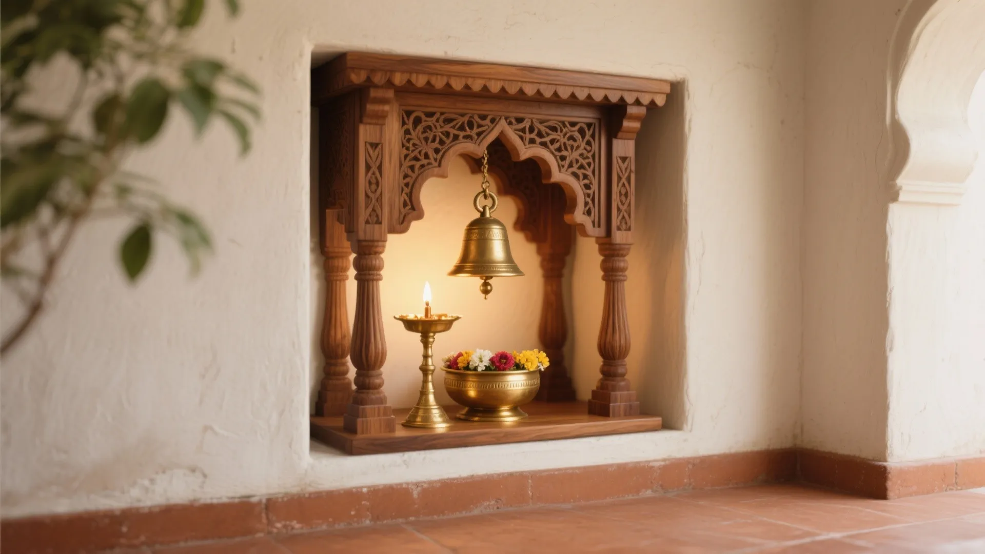 Carved Teak Mandapam with Brass Accents