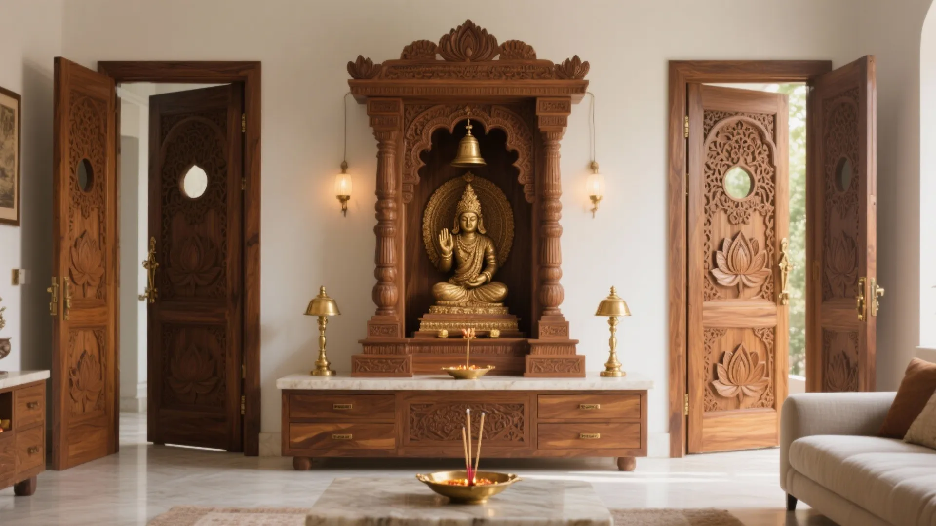 1) Sculpted Teak Temple with Double Doors