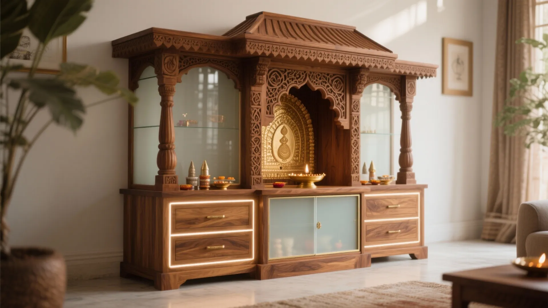 Ornate dark wood prayer cabinet with glass doors and drawers in a bright living room