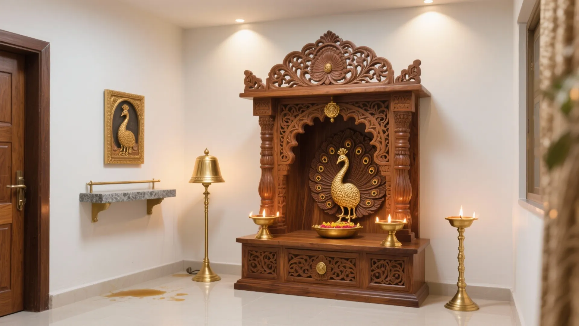 Carved Teak Mandir with Brass Accents