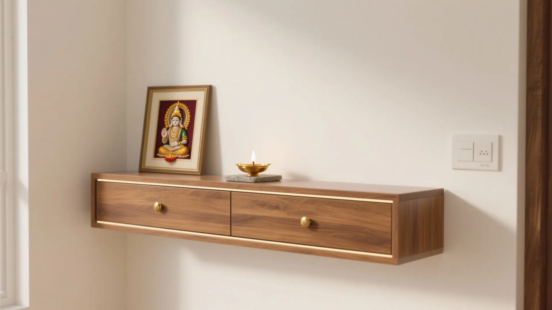 Wall mounted wooden cabinet with two drawers holding a framed picture and small gold bowl