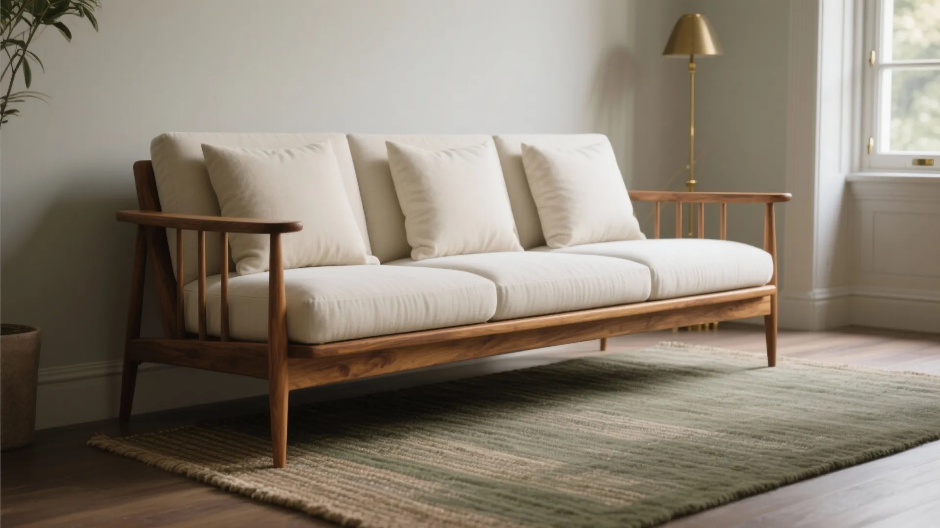 Wooden sofa with white cushions on a green rug next to a gold floor lamp light