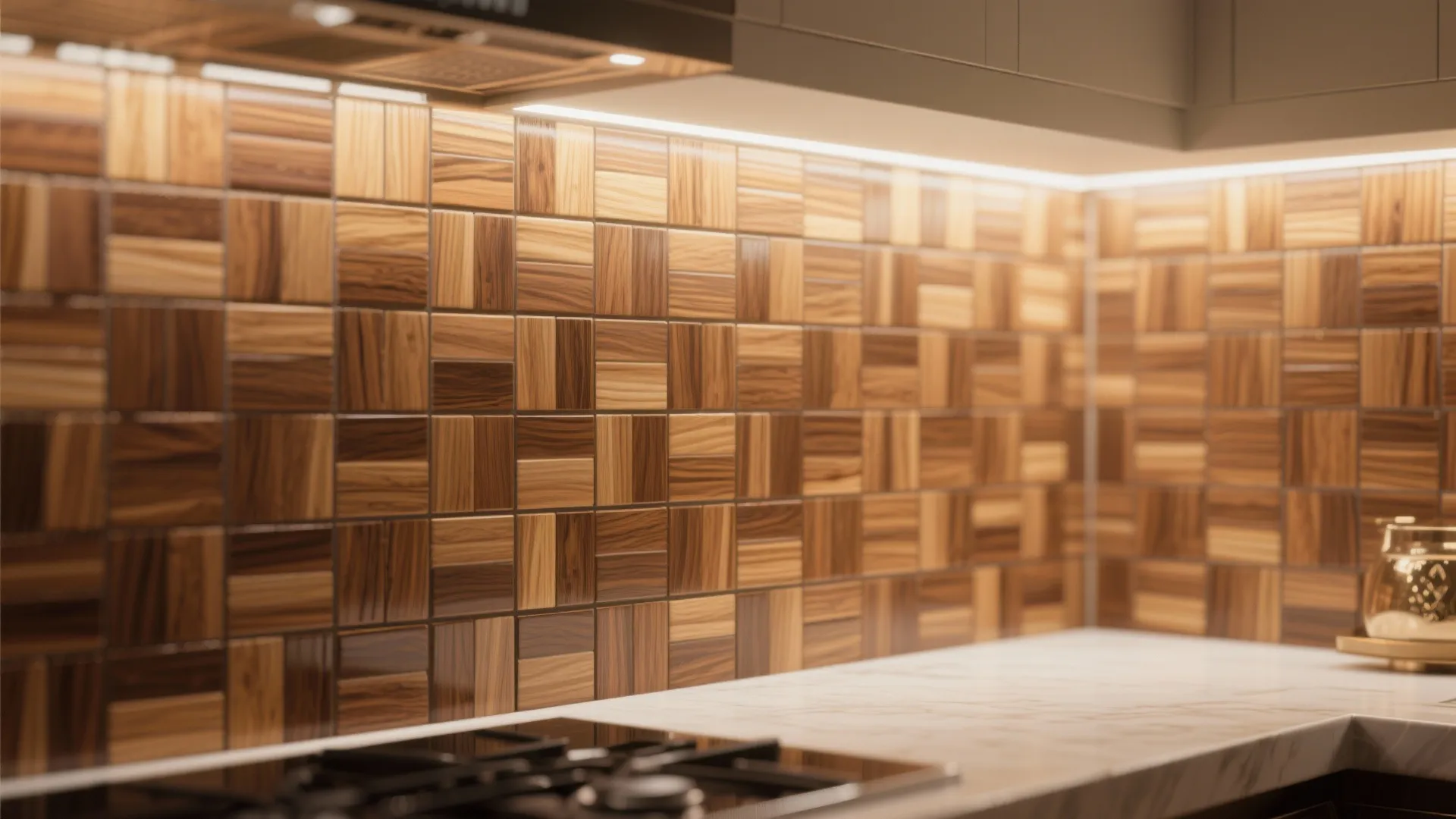 Close up of dark brown wood mosaic wall tiles in a kitchen with white marble countertop