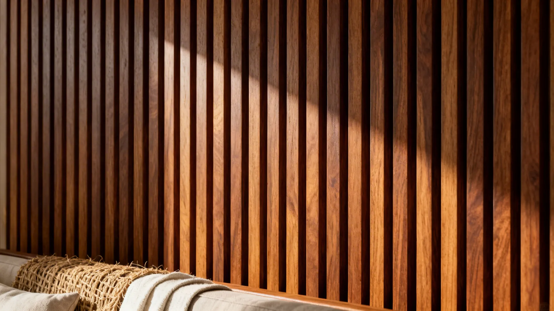 Close-up of vertical teak wood slat accent wall behind a sofa showing warm grain and texture.