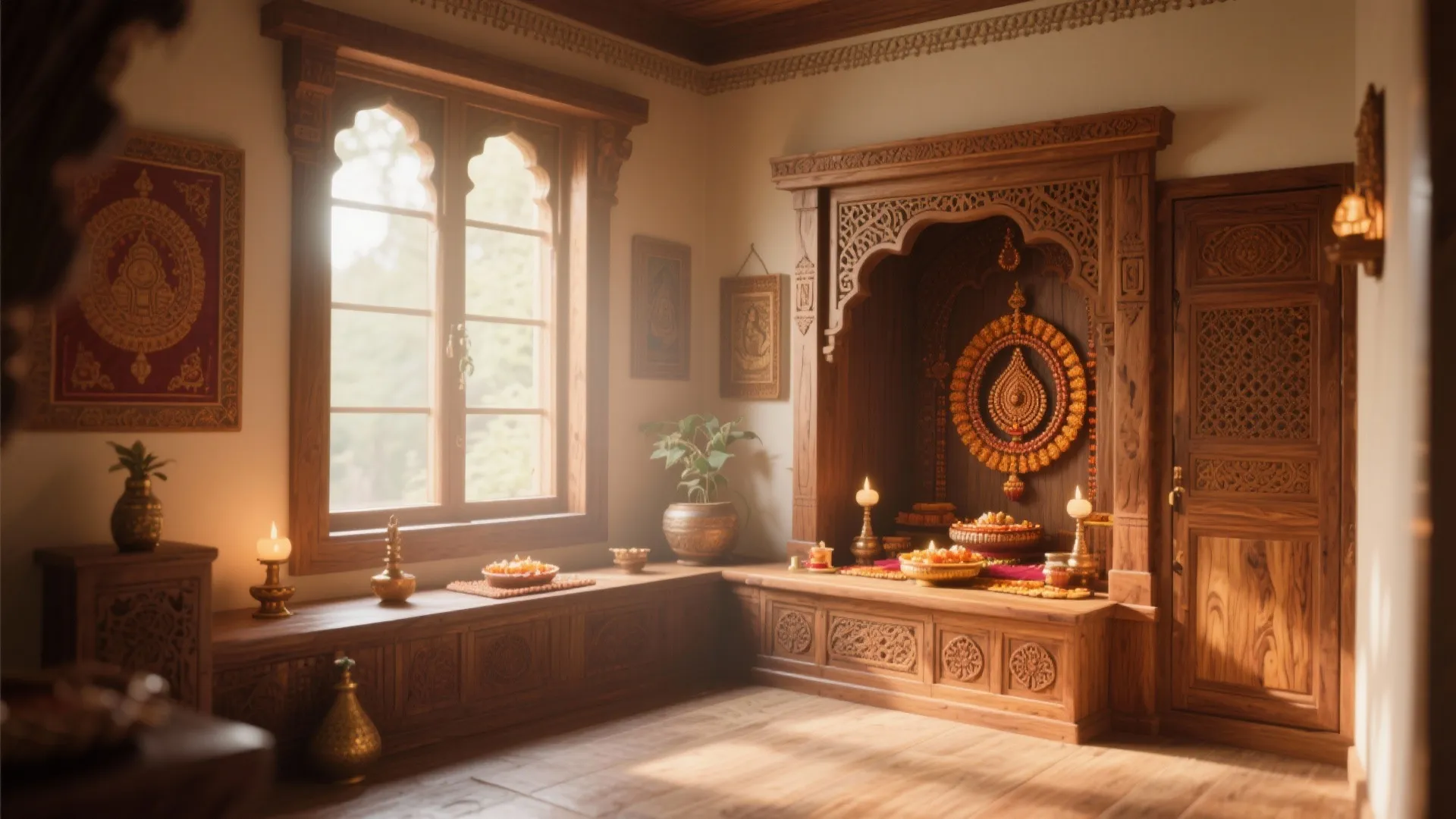 Traditional wooden prayer room with carved cabinet window seat and warm light from large windows
