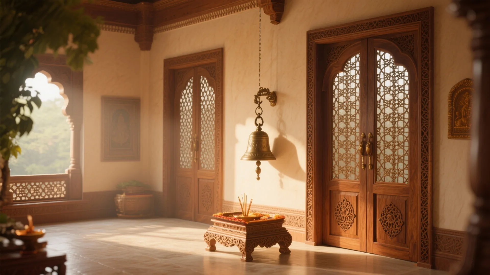 Traditional room featuring carved wooden doors, a hanging brass bell, and small decorative wooden table
