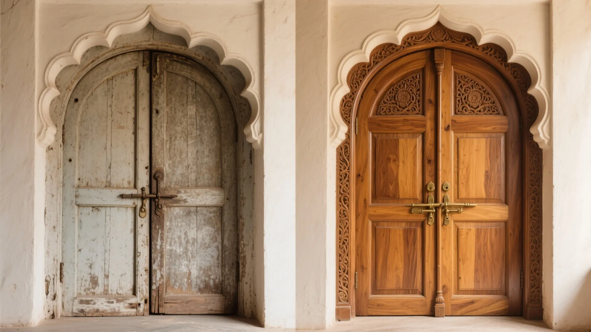 Side-by-side comparison of an old weathered wooden door and a new polished carved wood door
