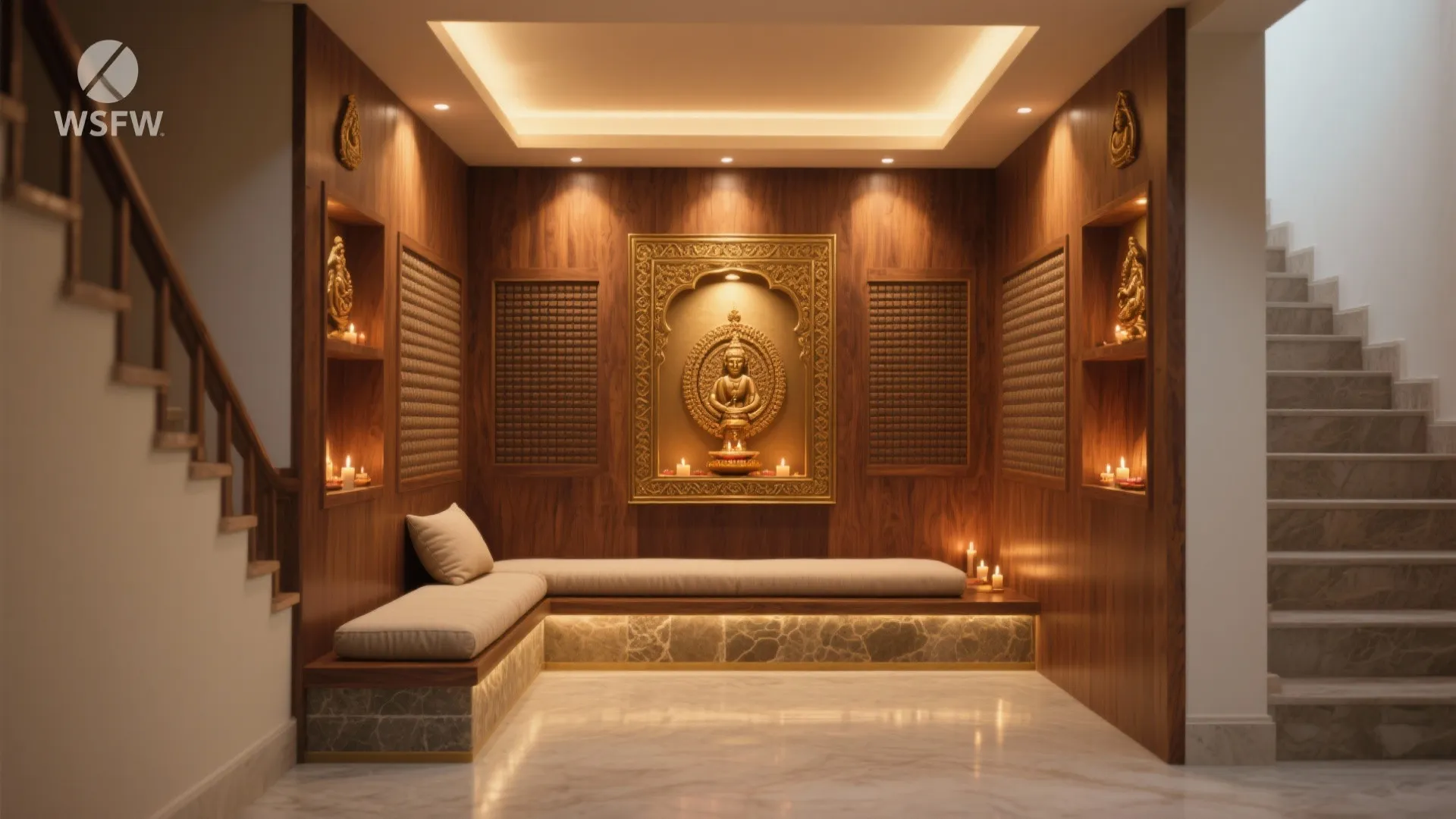 Small prayer room with wood wall panels gold statue built in seating and warm lights