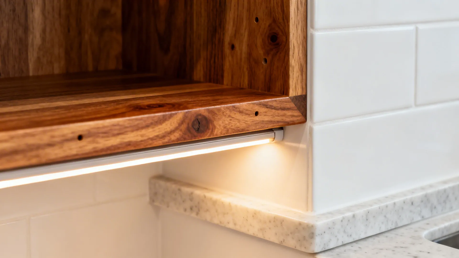 Macro of a teak shelf edge with LED under-lighting beside a white wall.