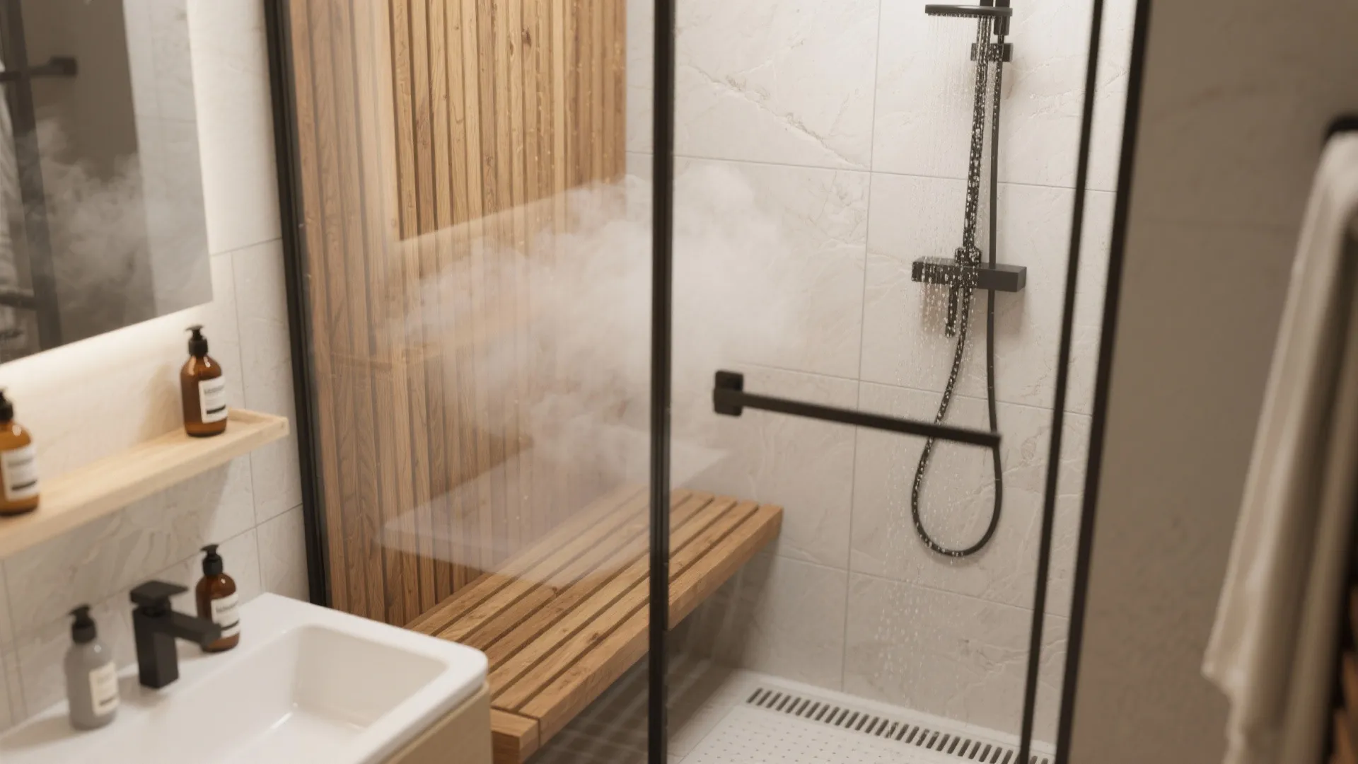 Compact shower with a teak slatted bench, light stone tiles, and soft daylight for a spa-like feel.