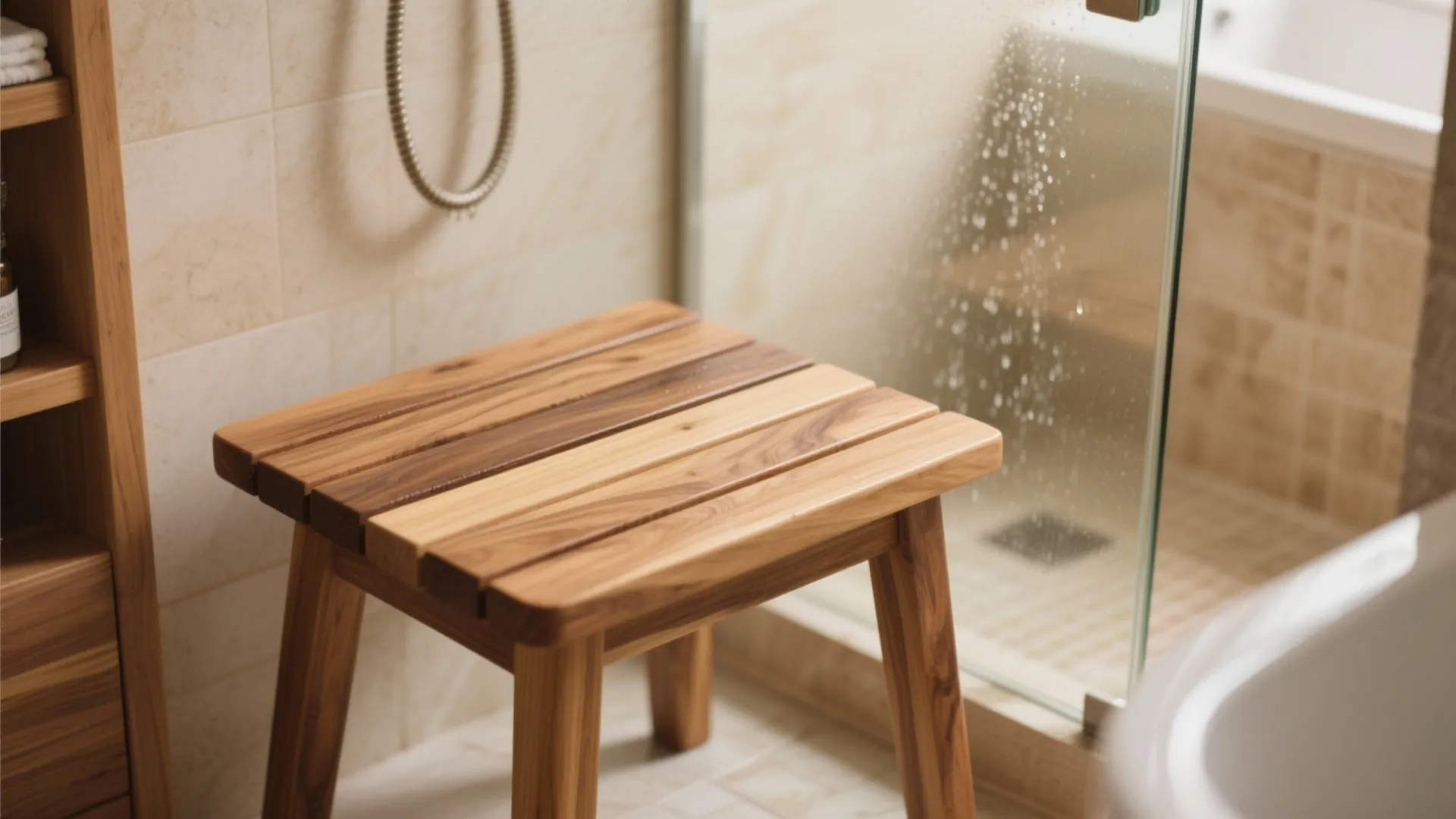 Wooden shower stool placed on bathroom floor near glass walk-in shower with light colored tiles