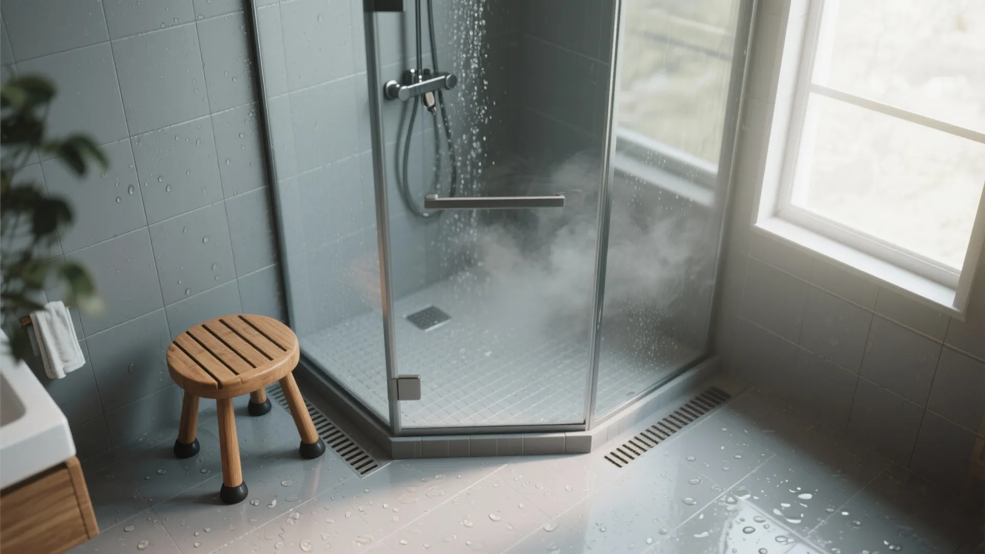 Compact teak shower stool with slatted top and rubber feet inside a small shower.