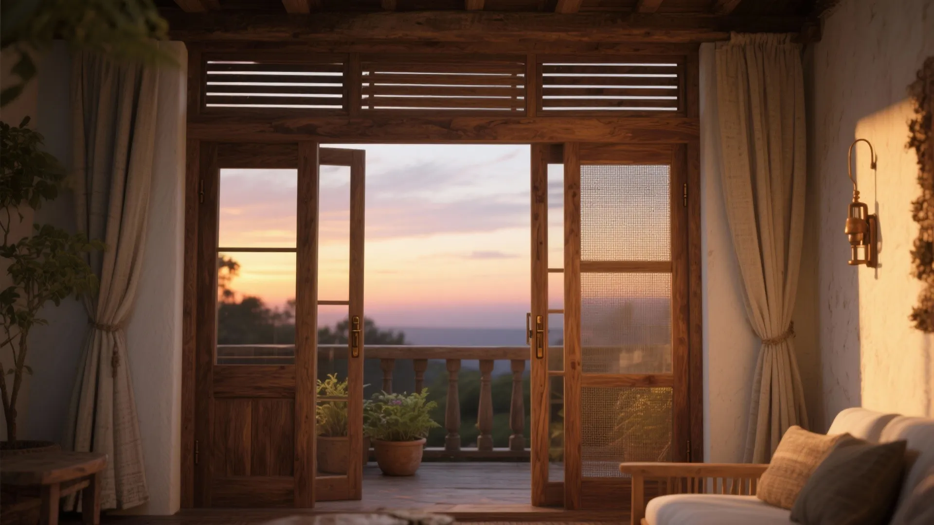 5) Rustic teak or oak with slatted panels and a sliding screen