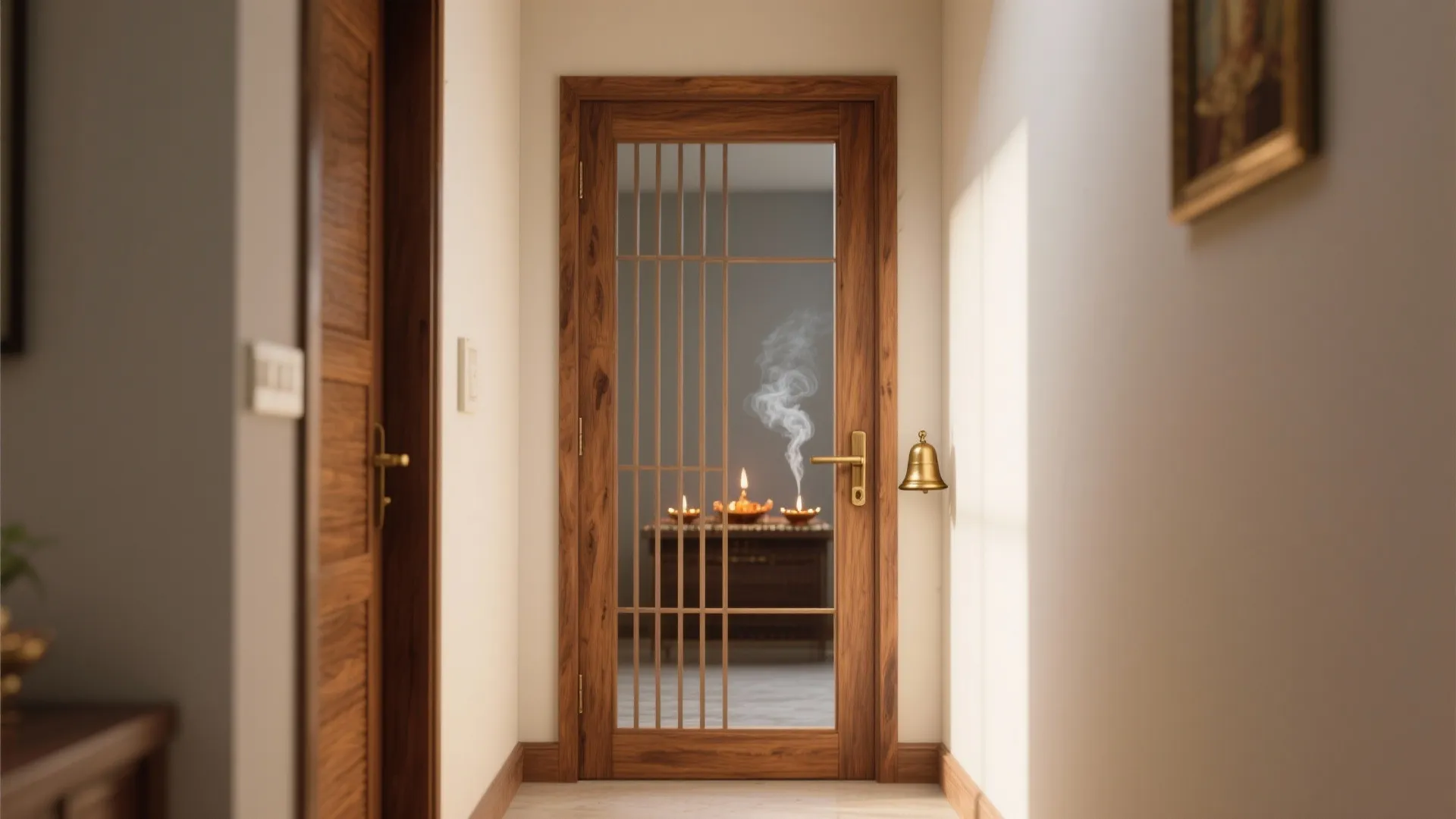 Minimal teak pooja door with fine vertical slats and slim frame in a bright corridor.