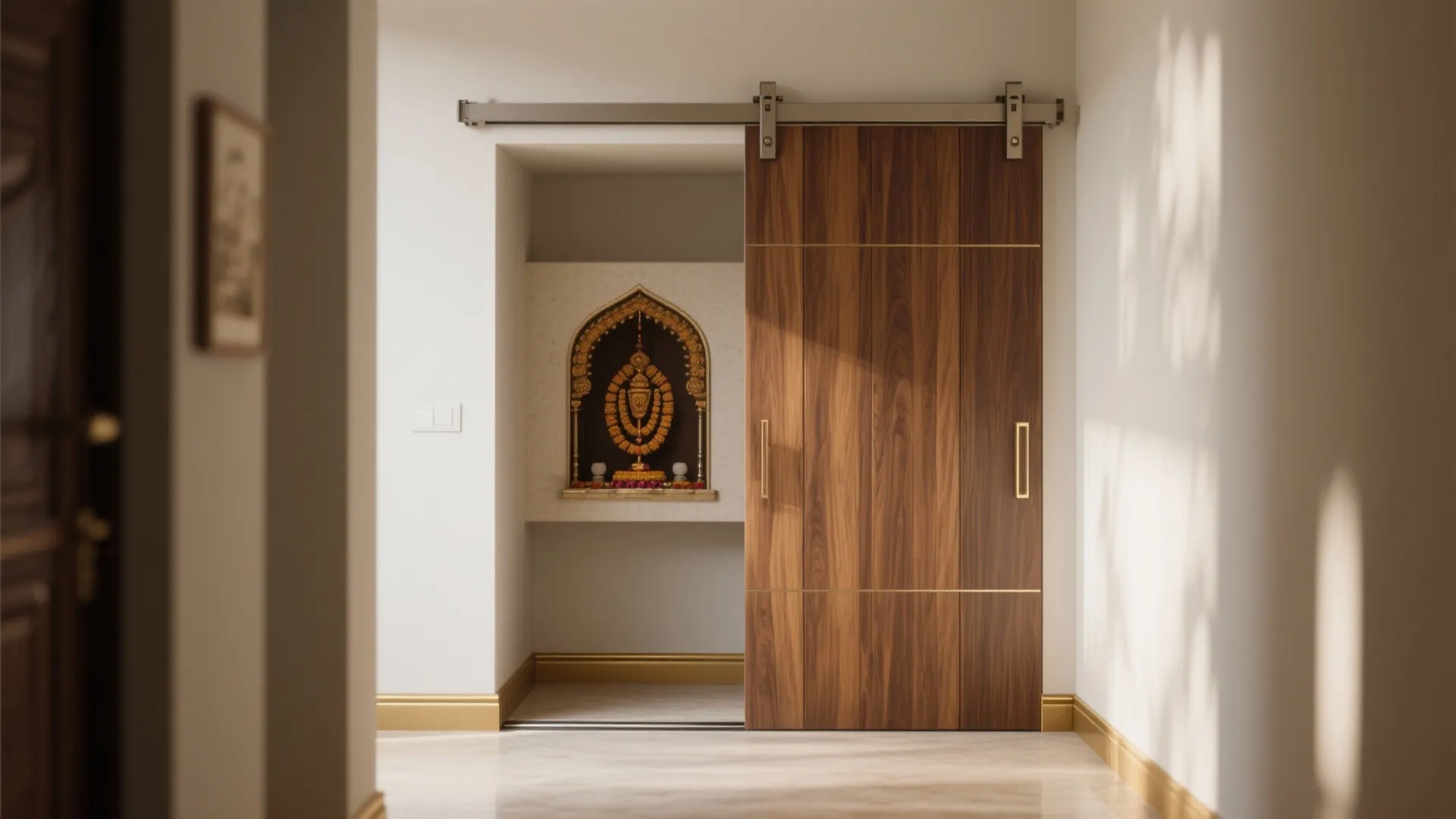 A wooden sliding door revealing a small home prayer room with gold colored wall decorations