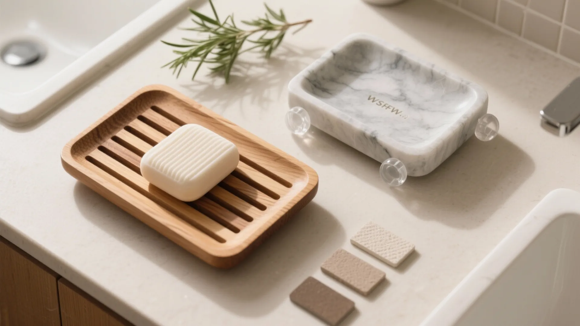 Wooden soap dish with white bar soap and marble tray on a clean bathroom counter