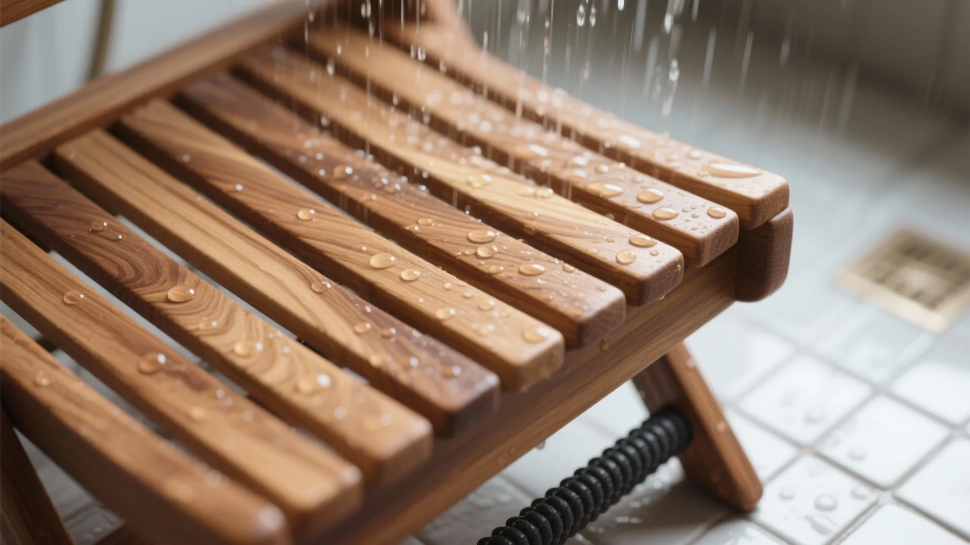 Macro of teak slats with water beads and a rubber foot gripping wet tile.