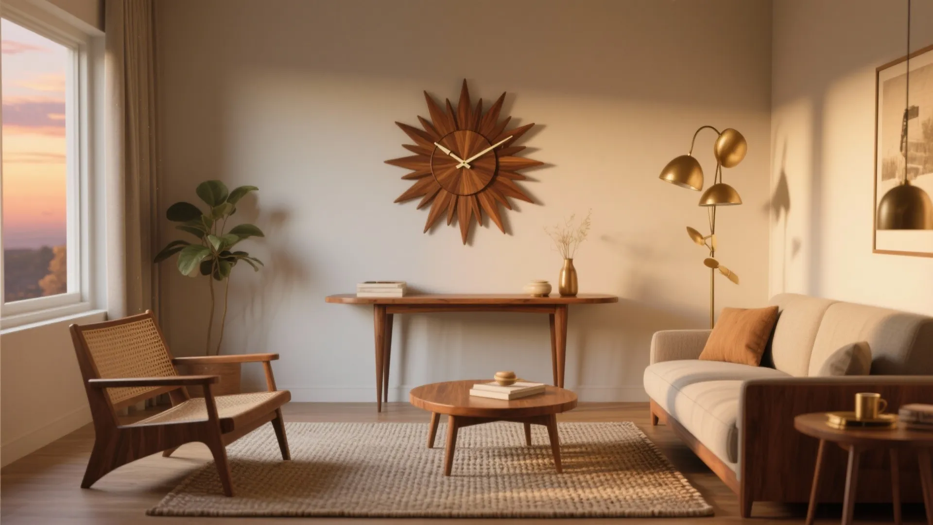3) Mid-Century Moment: Teak Sunburst in a Compact Living Room