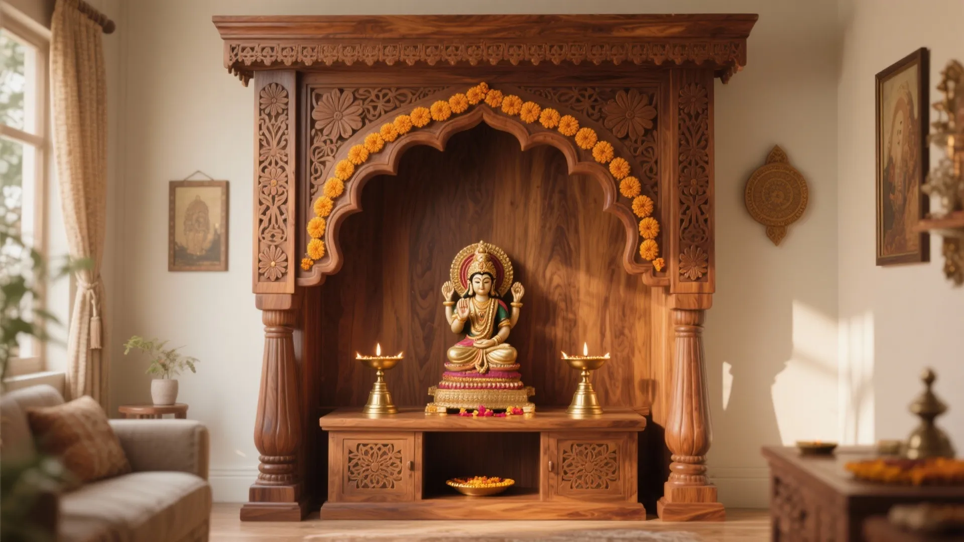 Large wooden prayer area in a living room featuring a statue decorated with bright orange flowers
