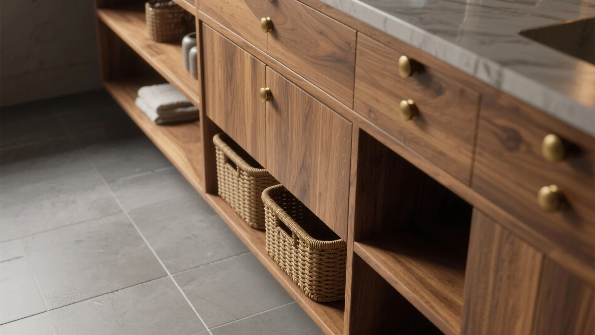 1. Warm wood tones to soften the grey