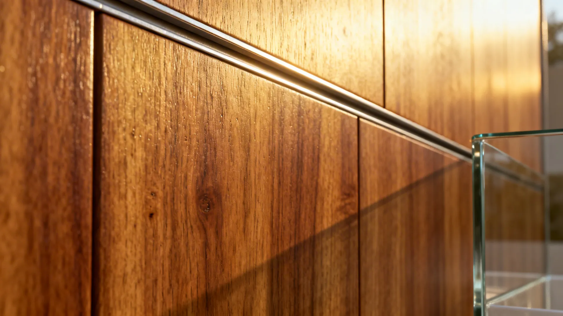 Macro of teak veneer with hardwax oil finish showing rich grain and warm sheen.