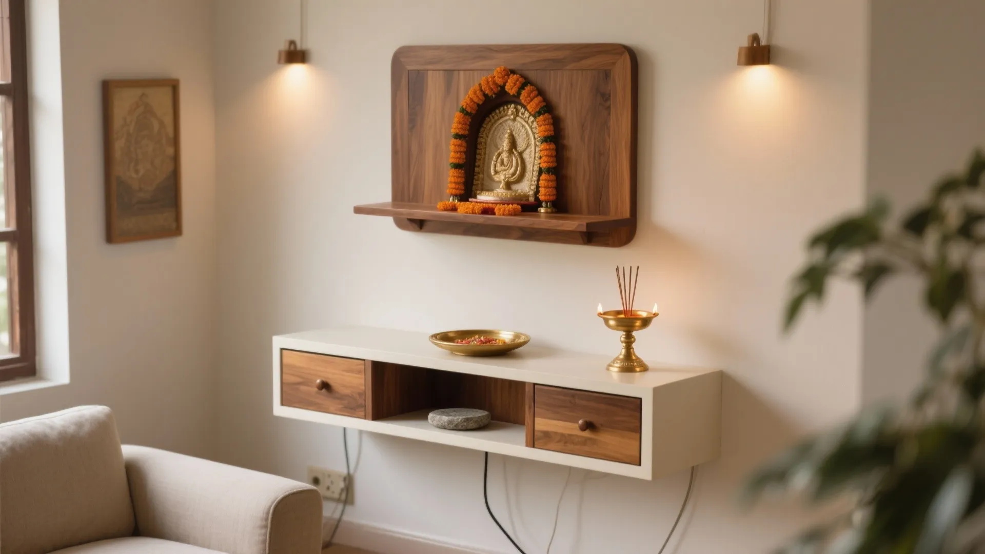 Small wooden wall shelf with golden statue above white console table and sofa in room