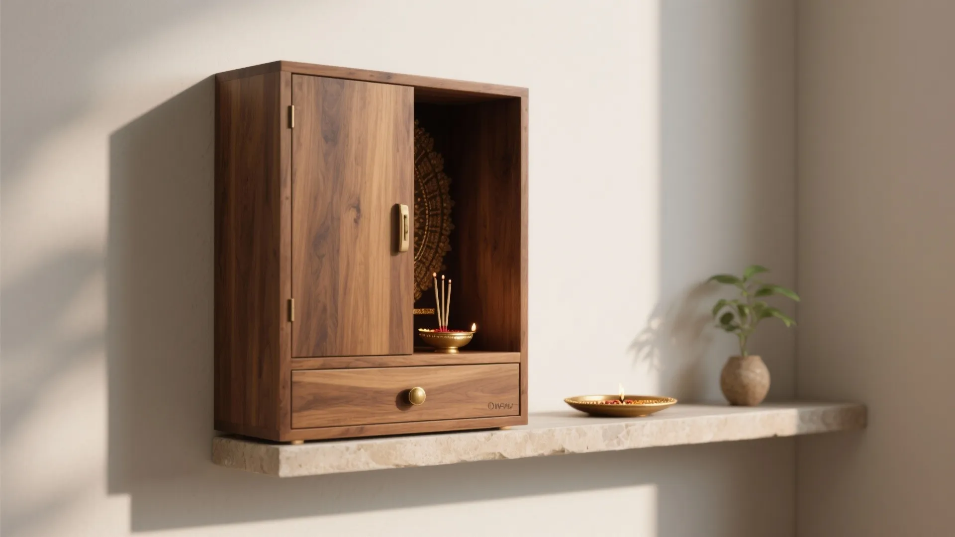 Minimal Wall-Mounted Teak Mandir with Hidden Storage