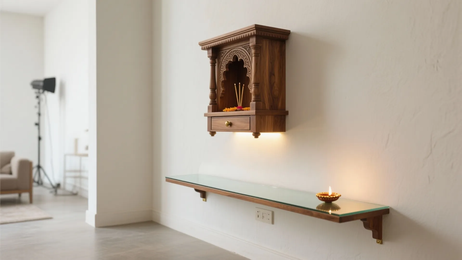 Compact Wall-Mounted Teak Mandir