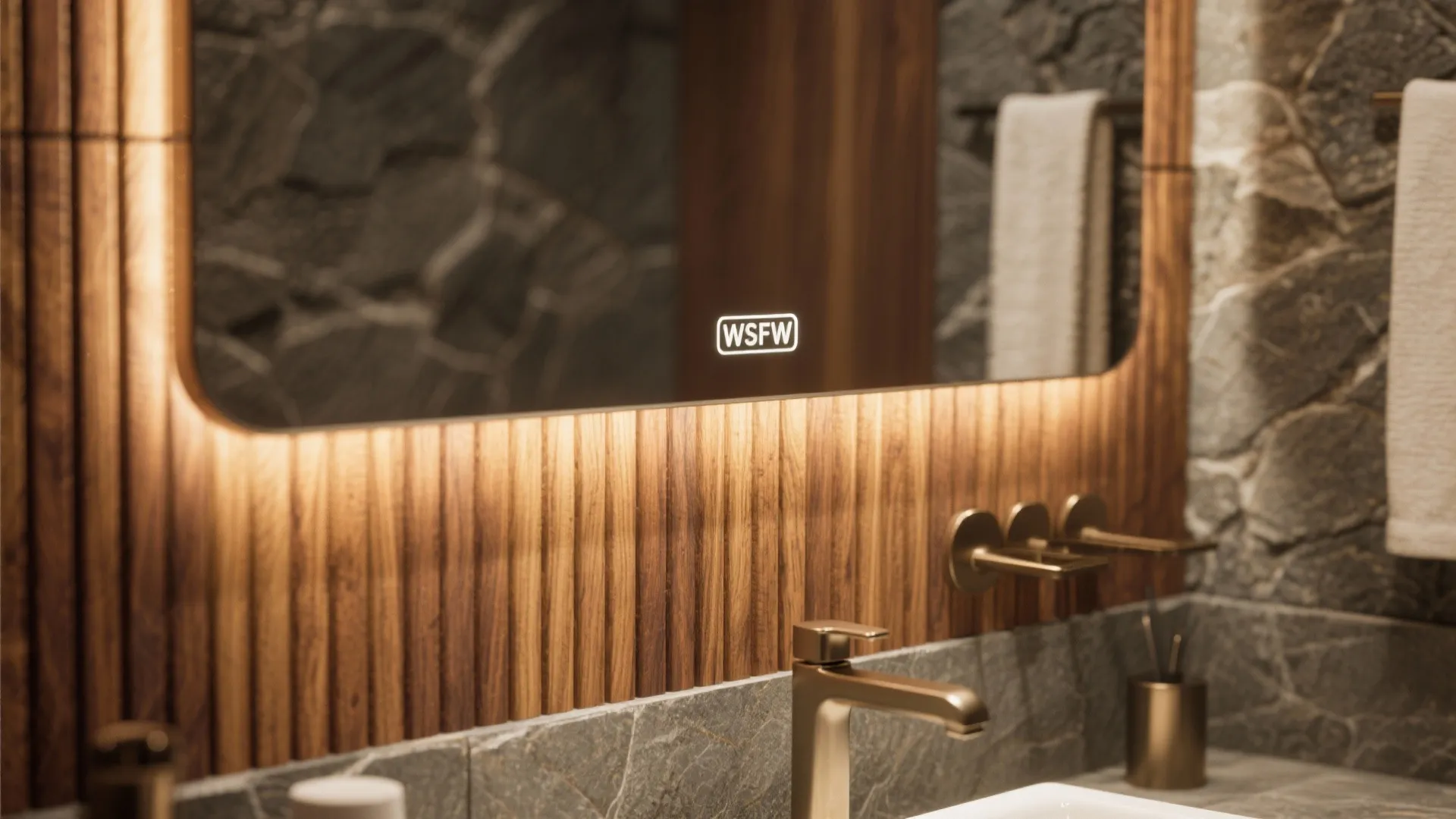 Modern bathroom mirror with wood wall panel dark stone wall gold faucet and white sink