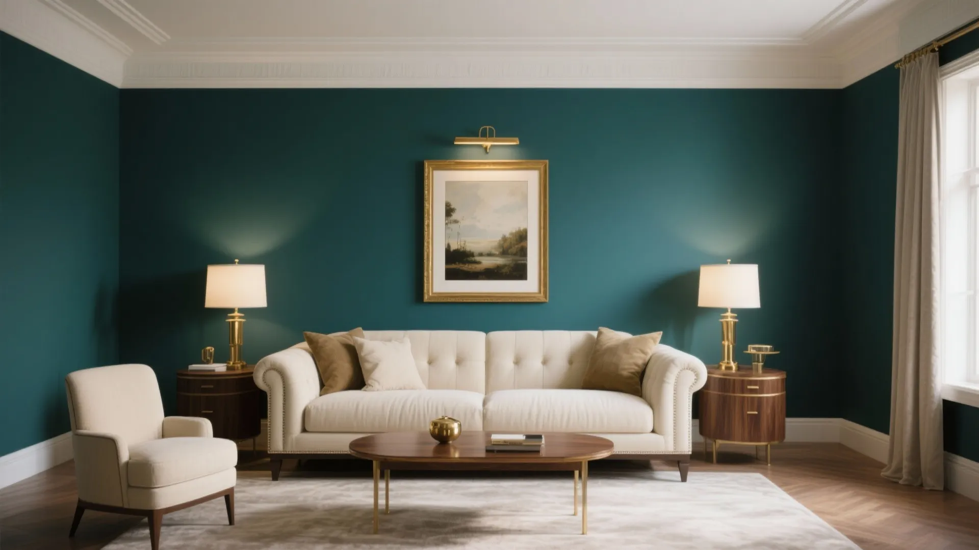 Elegant living room with dark green walls white sofa wooden coffee table and gold table lamps
