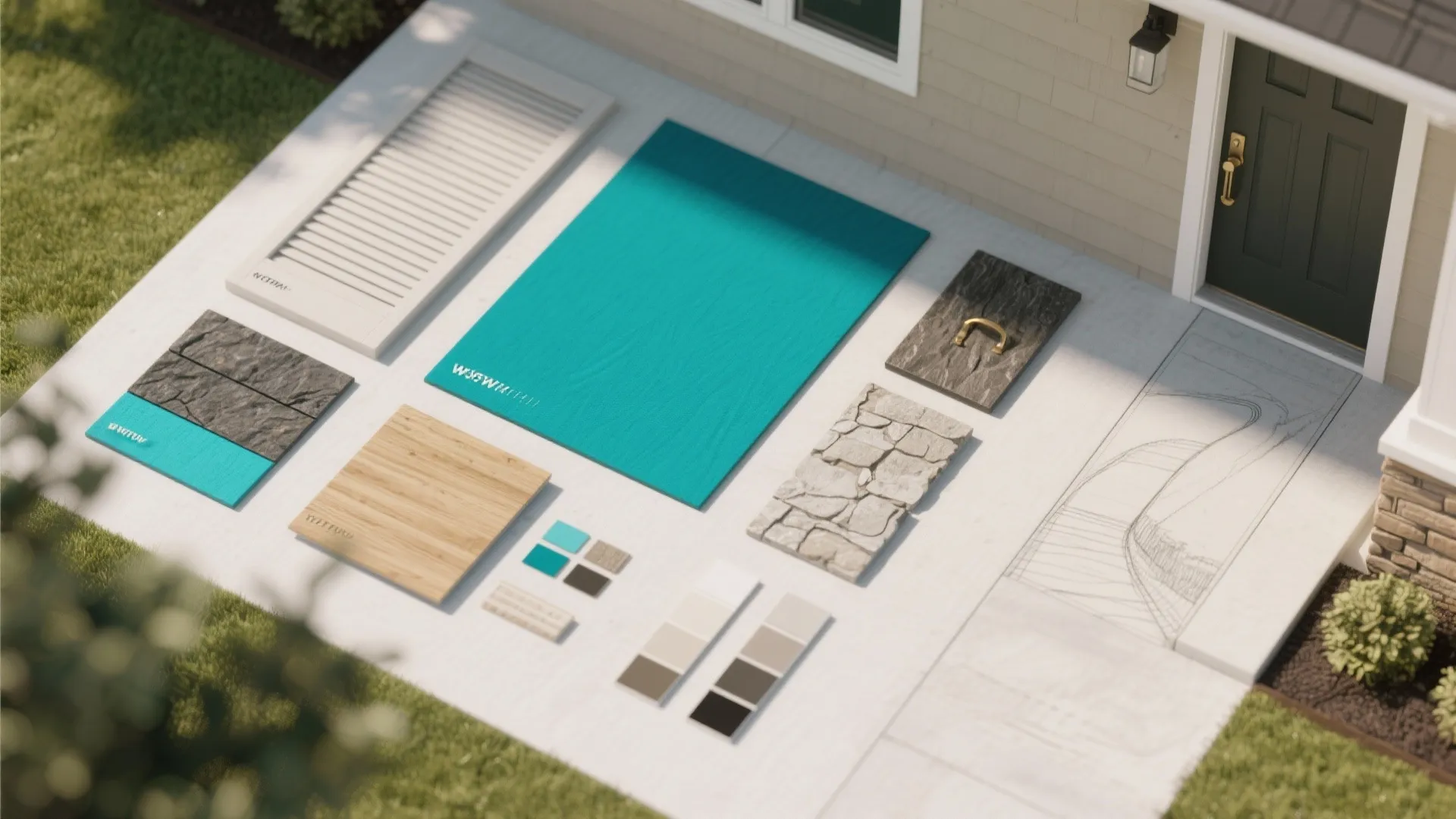 Exterior house design materials showing blue wall panels stone tiles wood boards and color palette samples