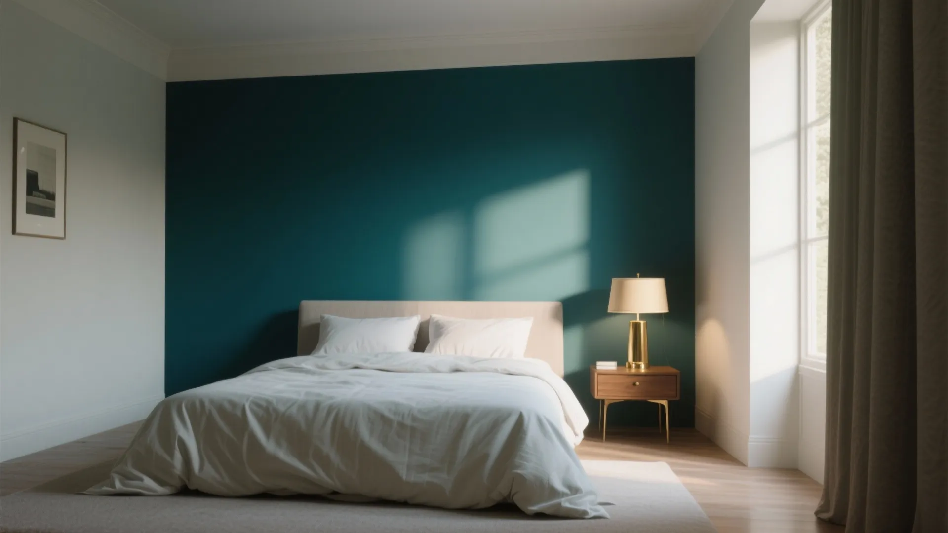 Minimalist bedroom with dark teal accent wall a gold table lamp and natural sunlight from windows