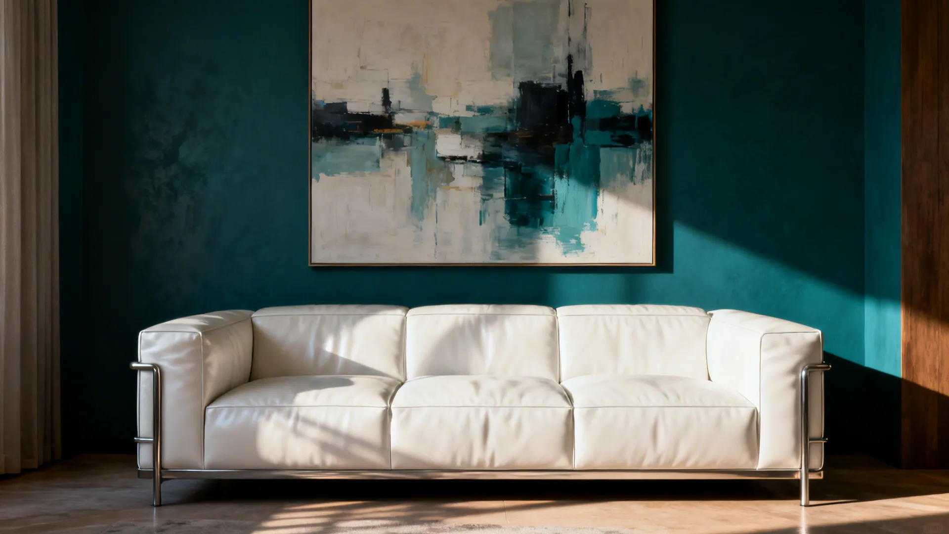 White leather sofa against a deep teal accent wall with oversized abstract art