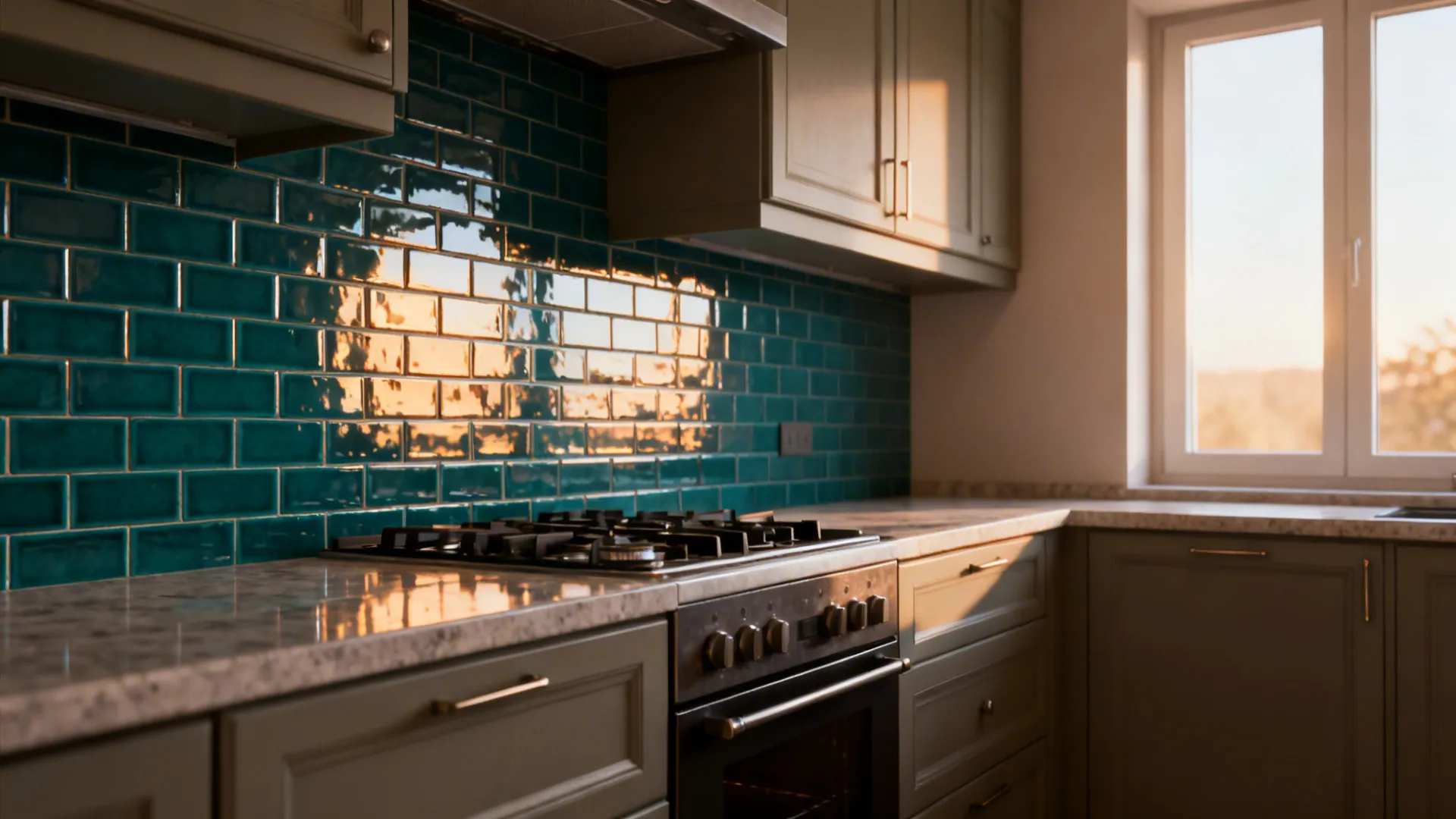 Deep teal subway tile accent backsplash against neutral kitchen cabinets