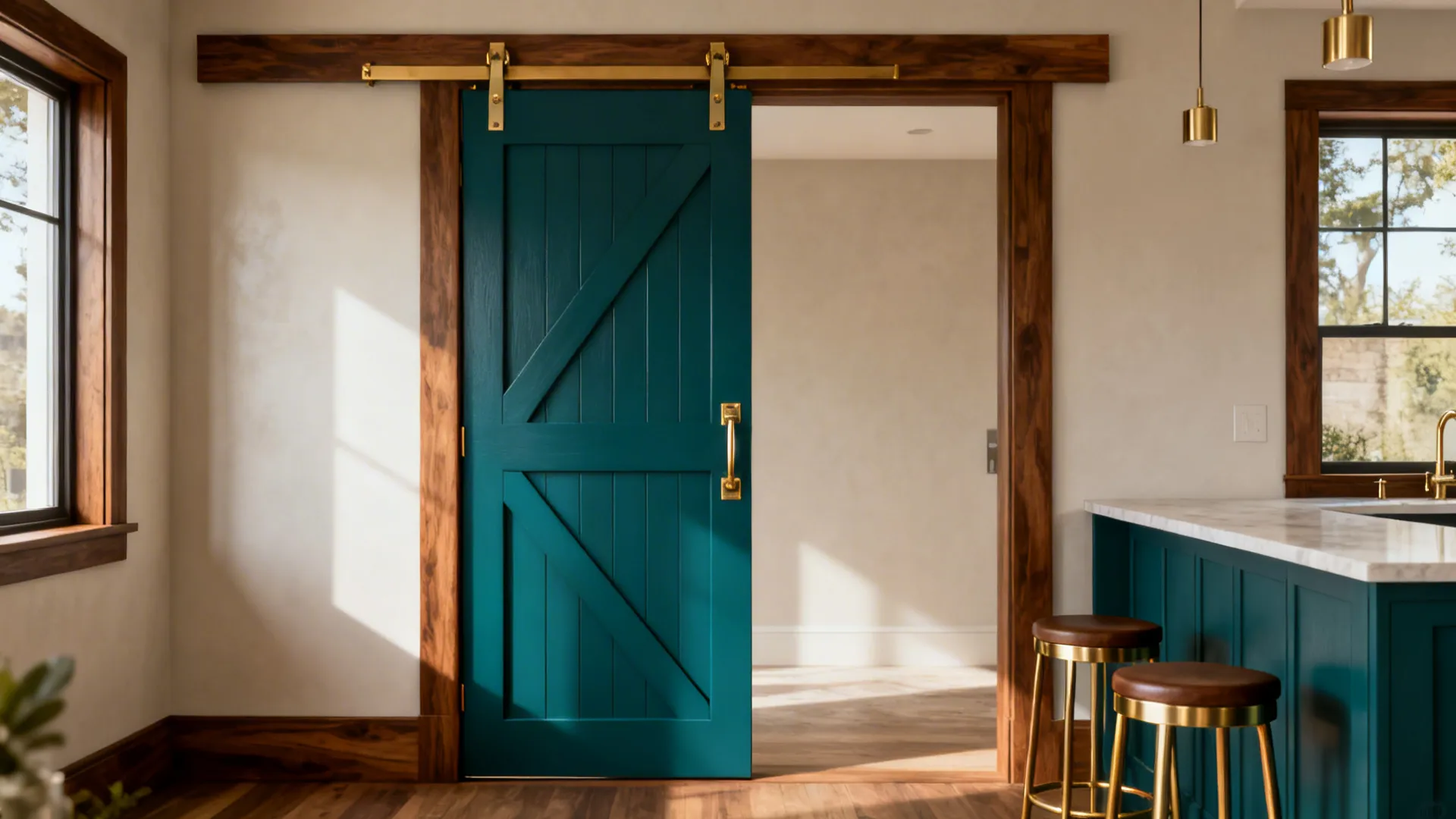 Deep teal painted barn door anchors the palette in a warm modern kitchen.